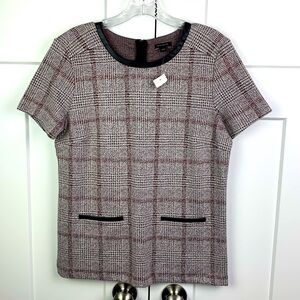 NWT Ann Taylor SMALL blouse Leather Trim Plaid Red Black boardroom office siren
